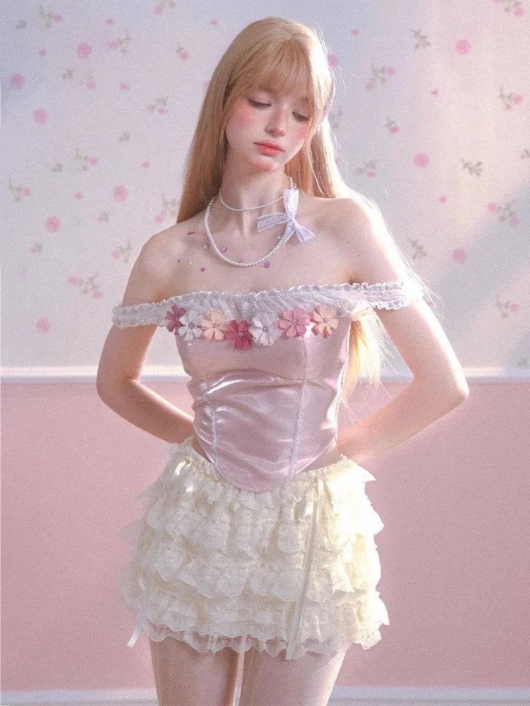 MQTIME - Pink Flower Off Shoulder T Shirts for Women Ballet Style Lace Patchork Corset Y2k Tops Summer Fashion Aesthetic Clothes
