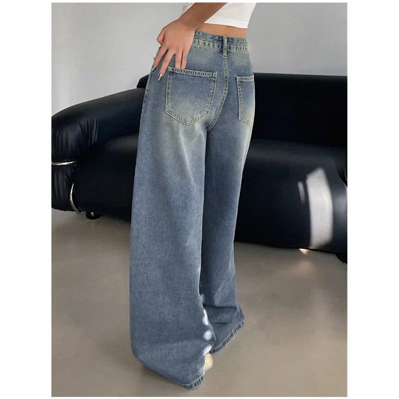 MQTIME - Blue Womens Jeans High Waist Vintage Straight Summer Plus Size Y2K Denim Pants Streetwear American Baggy Wide Leg Denim Trouser