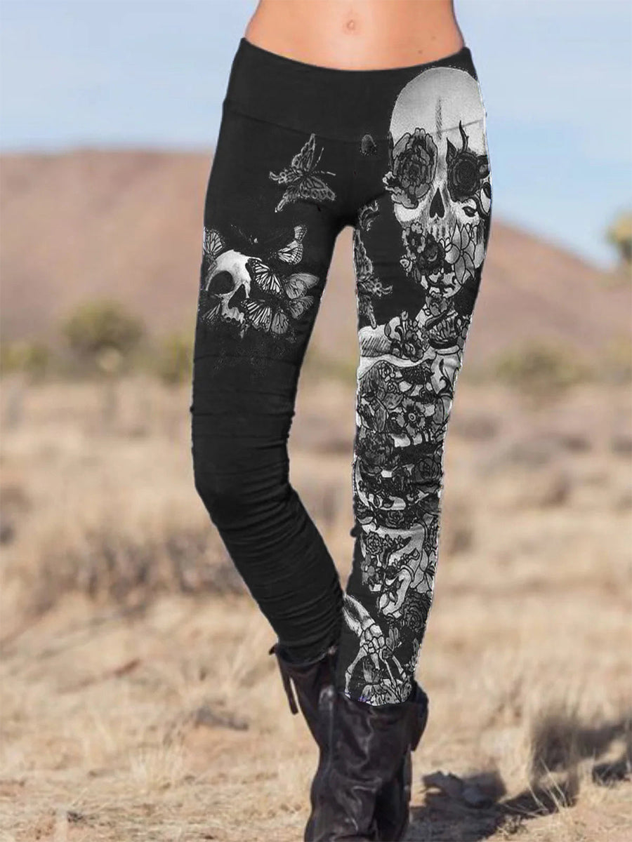 nvxiot - Black Casual Skull Rock Print Stretch Pants