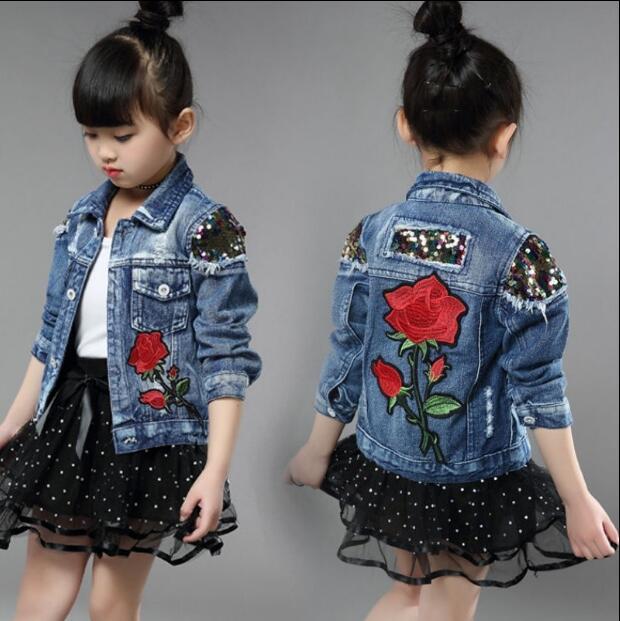 nvxiot New Autumn Children Clothing Girls Denim Jacket Baby Girl Outerwear Coat Jackets Kids Tops Jeans Wear Denim Embroidered Mermaid