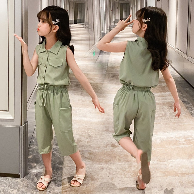 nvxiot Summer Baby Girls Clothes Sets Sleeveless T-shirt + Pants 2PCS Fashion Children's Clothing Suits Kids Outfits 4 6 7 8 10 12 Year