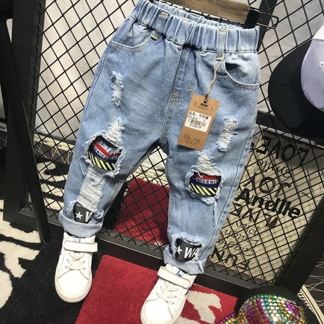 nvxiot Brand Kids Boys Jeans Pants Spring and Autumn Soft Children Baby Elastic Waist Cartoon Cotton Denim Pants for Boys Girls 2-6year