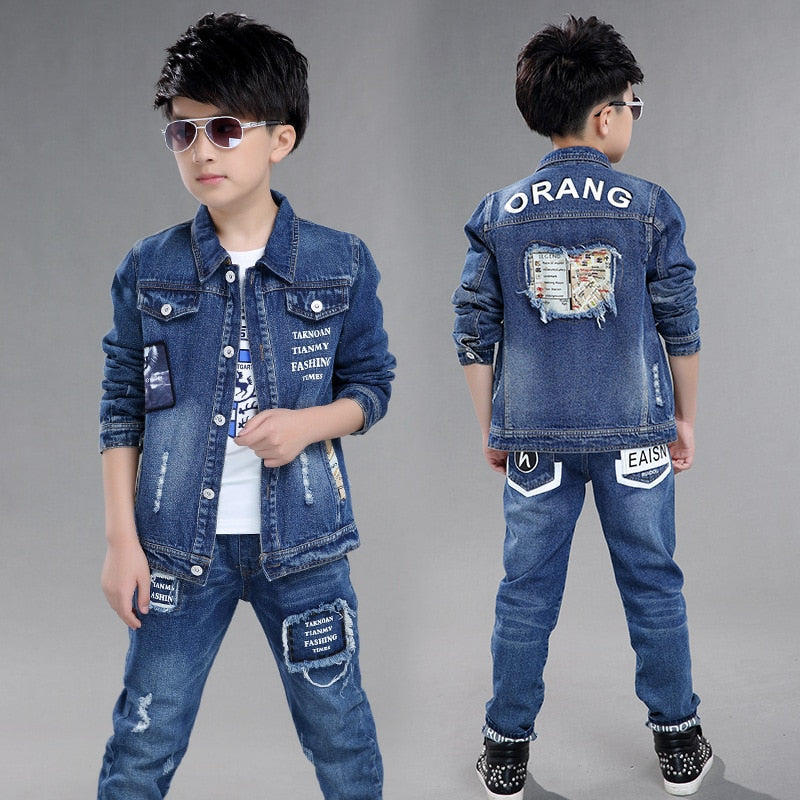 nvxiot Fashion Teenage Boys Denim Clothes Set Autumn Children Jeans Coat and Pants Autumn Baby Boys Cotton Sport Suits 10 12 Years New