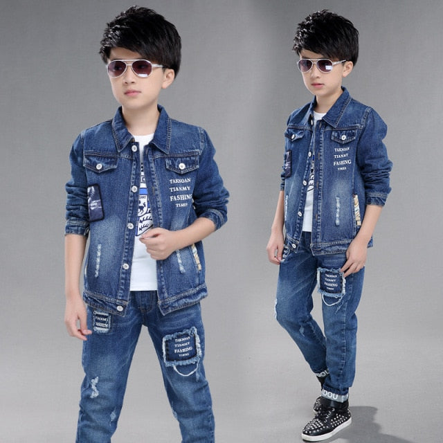 nvxiot Fashion Teenage Boys Denim Clothes Set Autumn Children Jeans Coat and Pants Autumn Baby Boys Cotton Sport Suits 10 12 Years New