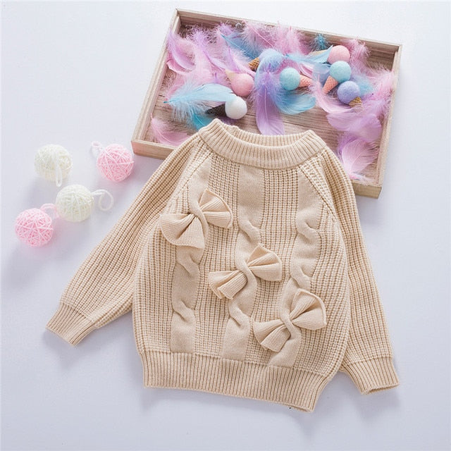 nvxiot Fall Cute Sweater Bow Tie Knit Little Girls Clothes Fashion Korean Pullover Sweater Children Outfits Warm Winter Tops