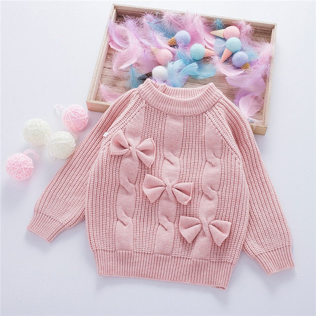 nvxiot Fall Cute Sweater Bow Tie Knit Little Girls Clothes Fashion Korean Pullover Sweater Children Outfits Warm Winter Tops