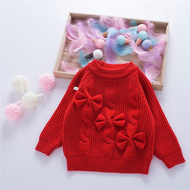 nvxiot Fall Cute Sweater Bow Tie Knit Little Girls Clothes Fashion Korean Pullover Sweater Children Outfits Warm Winter Tops
