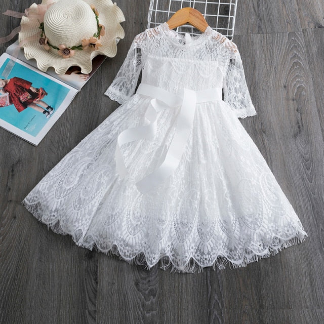 nvxiot Elegant Flower Girls Dress Wedding Party Princess Dress Casual Kids Clothes Lace Long Sleeves Dress Children's Vestidos For 3-8T