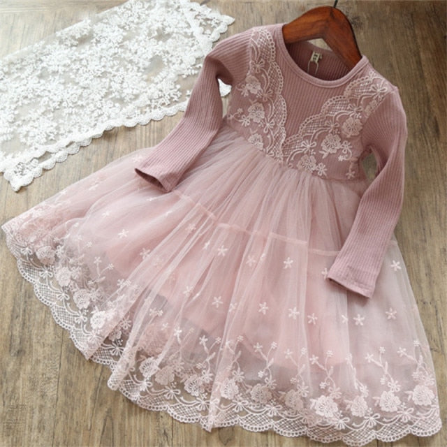 nvxiot Elegant Flower Girls Dress Wedding Party Princess Dress Casual Kids Clothes Lace Long Sleeves Dress Children's Vestidos For 3-8T