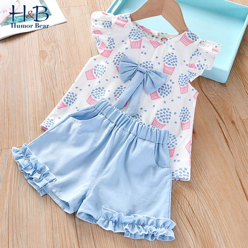 Humor Bear NEW Girls Clothing Set Sleeveless Summer New Ice Cream Bow Top T-shirt+Pants 2Pcs Suit Toddler Children's Clothes