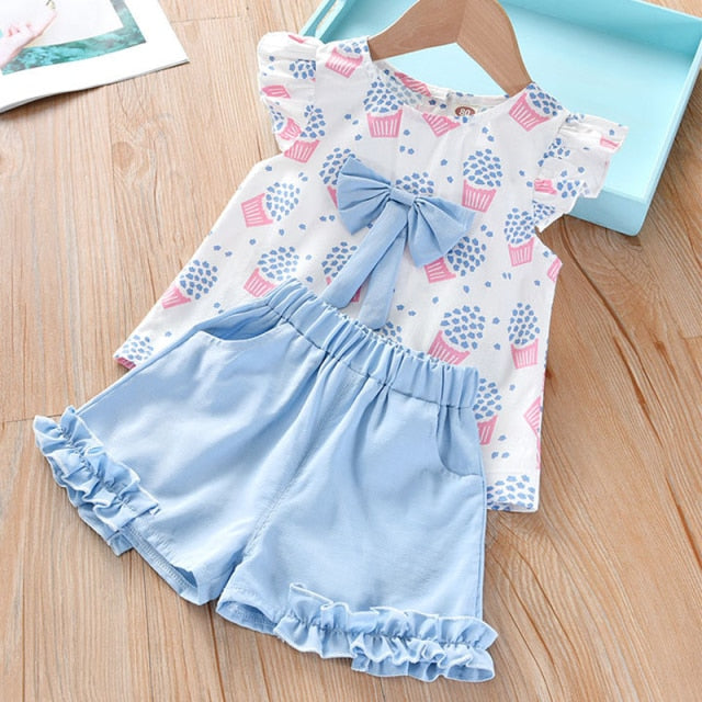 Humor Bear NEW Girls Clothing Set Sleeveless Summer New Ice Cream Bow Top T-shirt+Pants 2Pcs Suit Toddler Children's Clothes