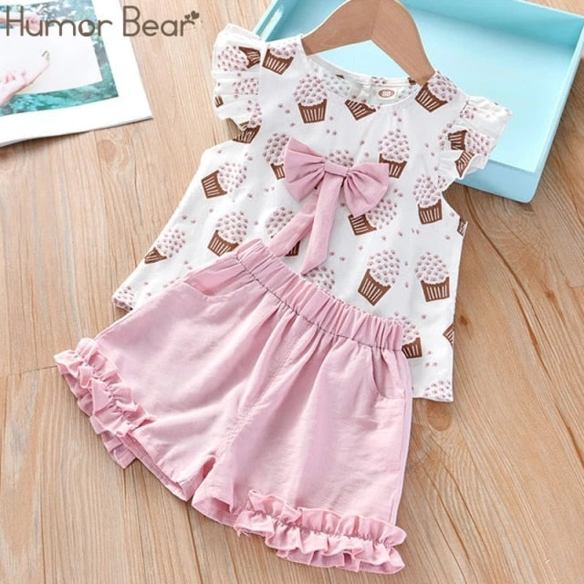 Humor Bear NEW Girls Clothing Set Sleeveless Summer New Ice Cream Bow Top T-shirt+Pants 2Pcs Suit Toddler Children's Clothes