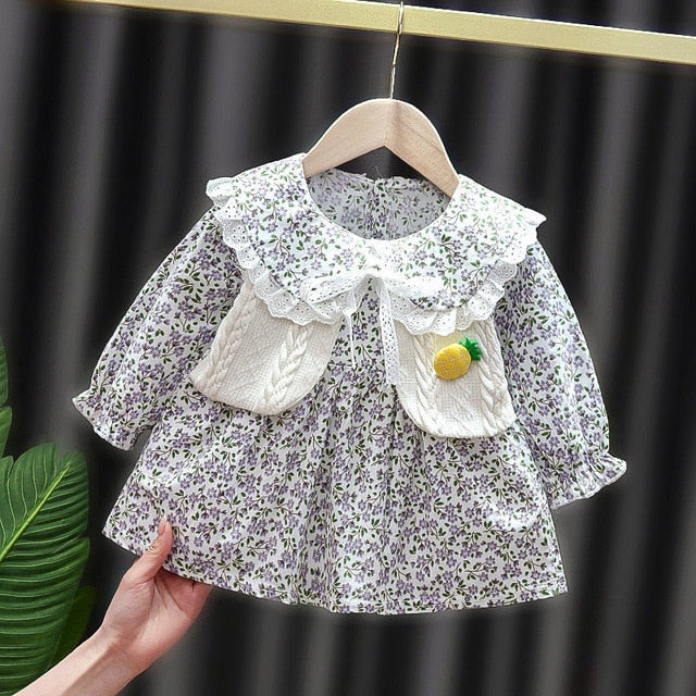nvxiot Baby Girls Dresses Spring Baby Girls Princess Clothes Set Children's Long Sleeve Floral Tops Strap Dress for Girls Clothes Sets