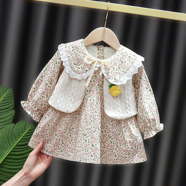 nvxiot Baby Girls Dresses Spring Baby Girls Princess Clothes Set Children's Long Sleeve Floral Tops Strap Dress for Girls Clothes Sets