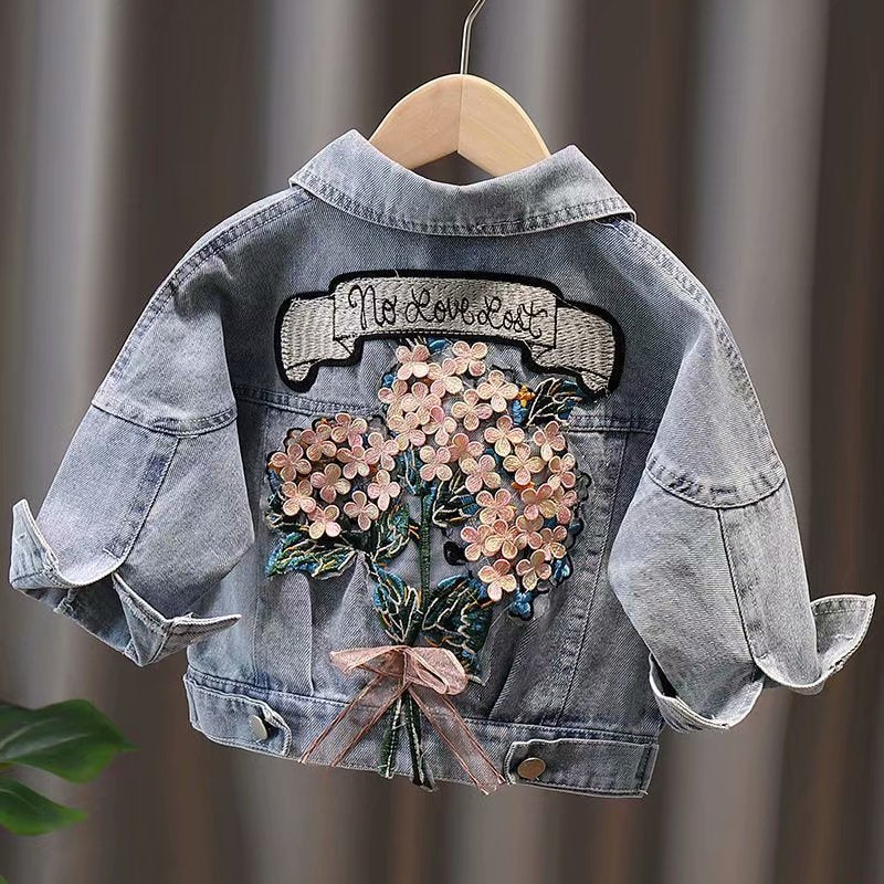nvxiot Kids Denim Jackets for Girls Baby Flower Embroidery Coats Spring Autumn Fashion Child Kids Outwear Ripped Jeans Jackets Jean