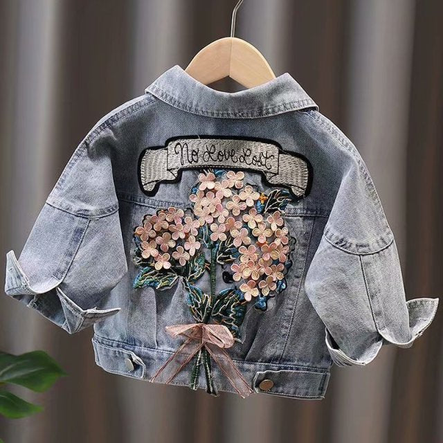 nvxiot Kids Denim Jackets for Girls Baby Flower Embroidery Coats Spring Autumn Fashion Child Kids Outwear Ripped Jeans Jackets Jean