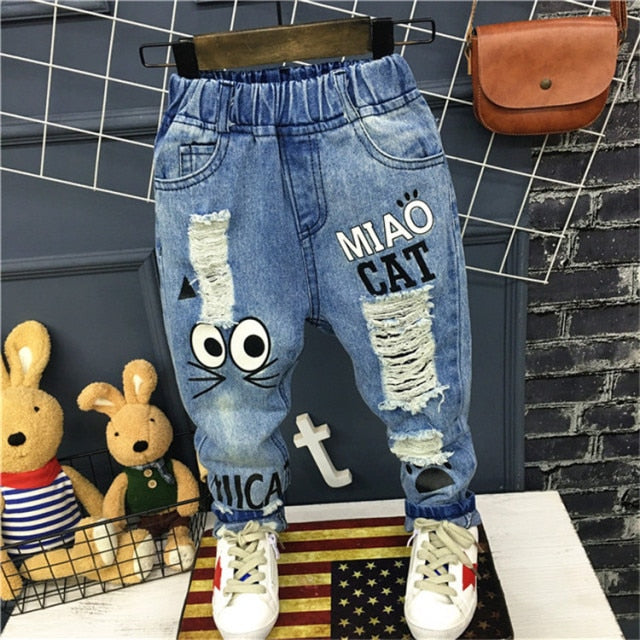 nvxiot Brand Kids Boys Jeans Pants Spring and Autumn Soft Children Baby Elastic Waist Cartoon Cotton Denim Pants for Boys Girls 2-6year