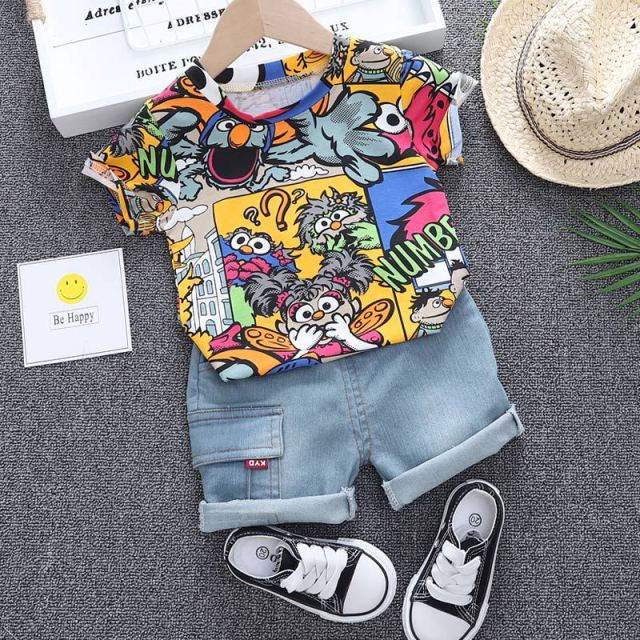 nvxiot Baby Clothes Outfit Baby Boy Summer Cartoon Sesame Street Print Short Sleeve T Shirt Short Jeans 2 PCS Set Girl Clothing Costume