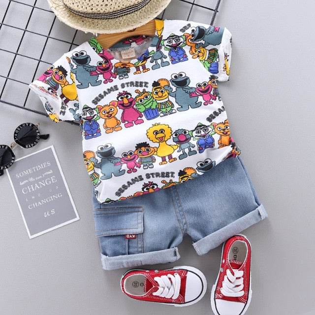nvxiot Baby Clothes Outfit Baby Boy Summer Cartoon Sesame Street Print Short Sleeve T Shirt Short Jeans 2 PCS Set Girl Clothing Costume