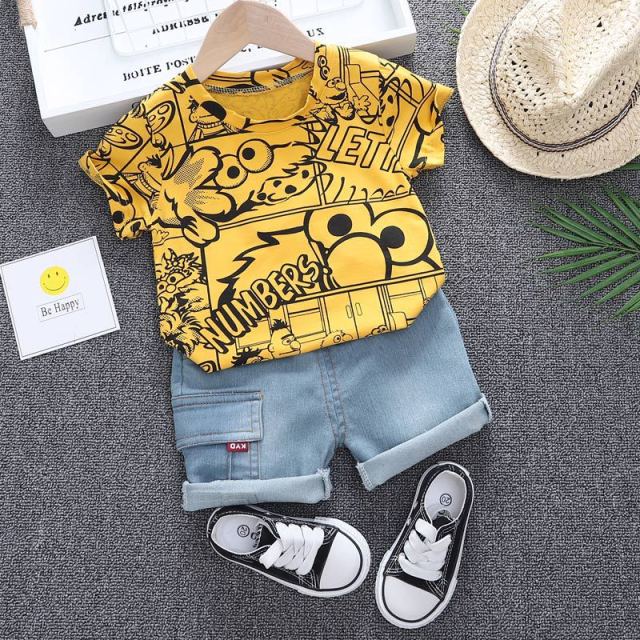 nvxiot Baby Clothes Outfit Baby Boy Summer Cartoon Sesame Street Print Short Sleeve T Shirt Short Jeans 2 PCS Set Girl Clothing Costume