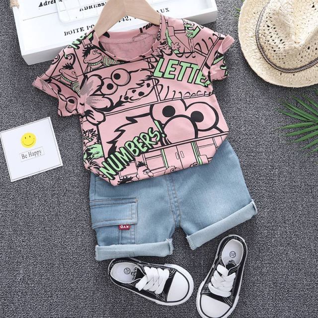 nvxiot Baby Clothes Outfit Baby Boy Summer Cartoon Sesame Street Print Short Sleeve T Shirt Short Jeans 2 PCS Set Girl Clothing Costume