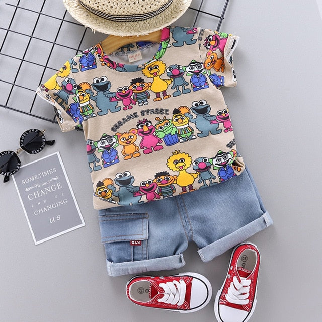 nvxiot Baby Clothes Outfit Baby Boy Summer Cartoon Sesame Street Print Short Sleeve T Shirt Short Jeans 2 PCS Set Girl Clothing Costume