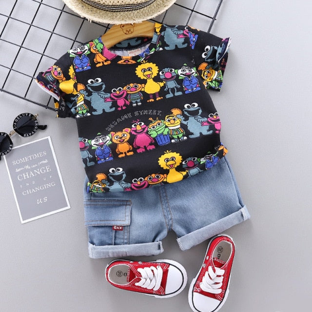 nvxiot Baby Clothes Outfit Baby Boy Summer Cartoon Sesame Street Print Short Sleeve T Shirt Short Jeans 2 PCS Set Girl Clothing Costume