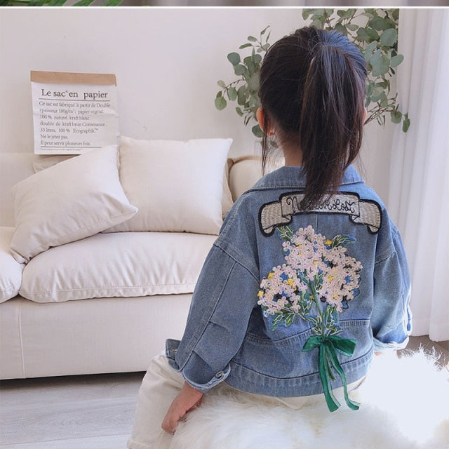 nvxiot Kids Denim Jackets for Girls Baby Flower Embroidery Coats Spring Autumn Fashion Child Kids Outwear Ripped Jeans Jackets Jean