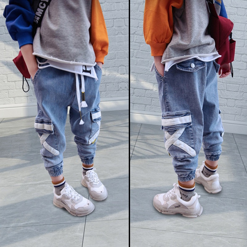 nvxiot Korean Children Jeans Pants Cotton Blue Denim Pants Legs Spring Fall Loose Cargo Pant Baby Teen Clothes Boys Pocket Trousers