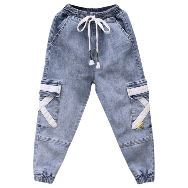 nvxiot Korean Children Jeans Pants Cotton Blue Denim Pants Legs Spring Fall Loose Cargo Pant Baby Teen Clothes Boys Pocket Trousers