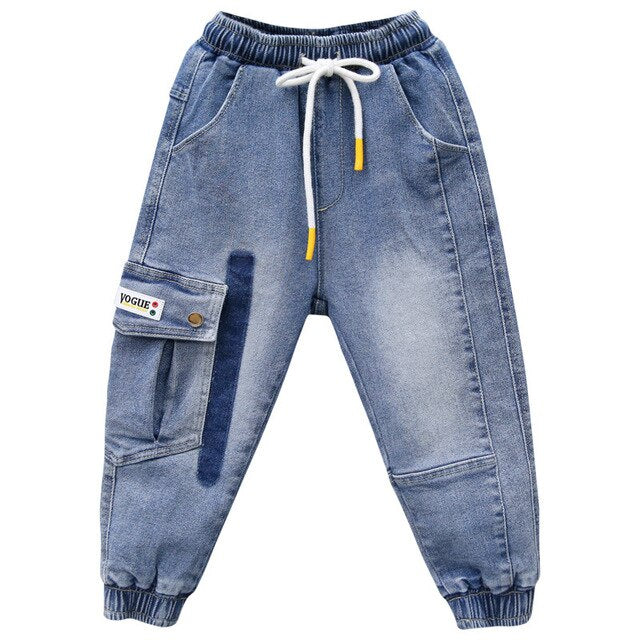 nvxiot Korean Children Jeans Pants Cotton Blue Denim Pants Legs Spring Fall Loose Cargo Pant Baby Teen Clothes Boys Pocket Trousers