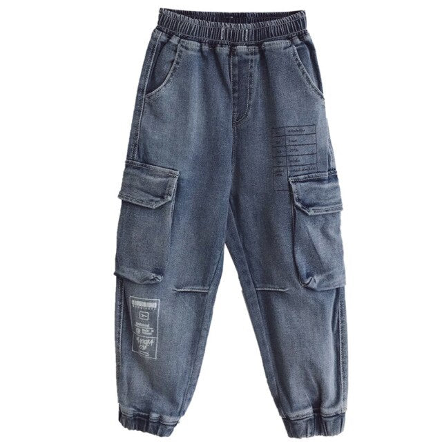 nvxiot Korean Children Jeans Pants Cotton Blue Denim Pants Legs Spring Fall Loose Cargo Pant Baby Teen Clothes Boys Pocket Trousers
