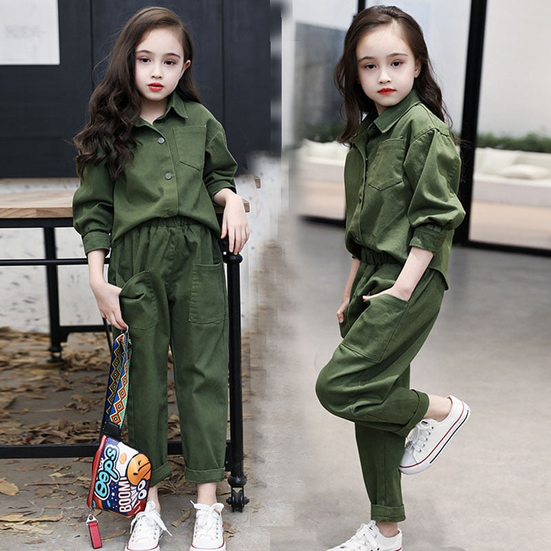 nvxiot Kids Costume Teen Girls Clothing Set Autumn ArmyGree Blouse Pants Suit School Girls Tracksuit Kids Clothes Set 10 12 Years