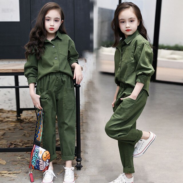 nvxiot Kids Costume Teen Girls Clothing Set Autumn ArmyGree Blouse Pants Suit School Girls Tracksuit Kids Clothes Set 10 12 Years
