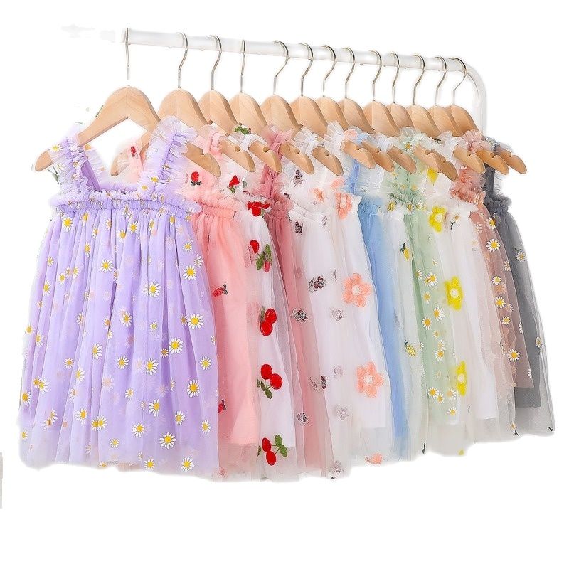 nvxiot Flower Embroidery Girls Dress Summer Baby Sling Tulle Pettskirt Sweet Lace Kid Princess Dresses Party Vestidos Para Clothes 1-6T