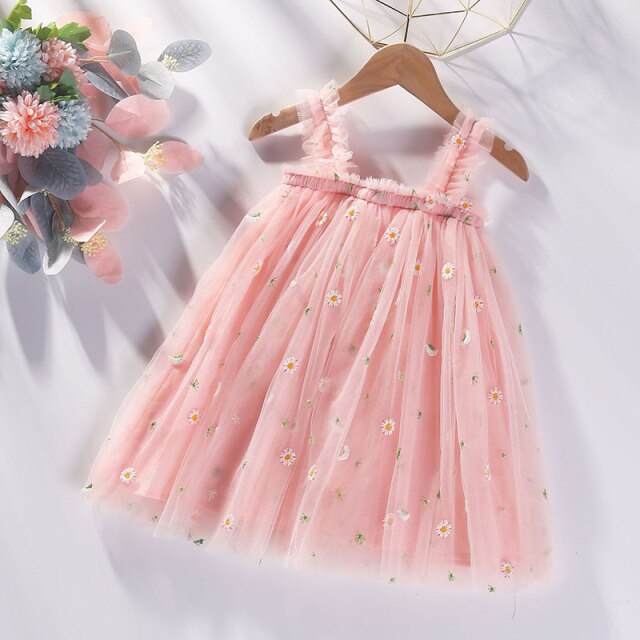 nvxiot Flower Embroidery Girls Dress Summer Baby Sling Tulle Pettskirt Sweet Lace Kid Princess Dresses Party Vestidos Para Clothes 1-6T