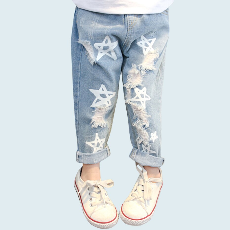 nvxiot Baby Girls Jeans Star Print Jeans Pants For Girls Elastic Waist Kids Jeans With Hole Autumn Novelty Clothes For Infant Girls