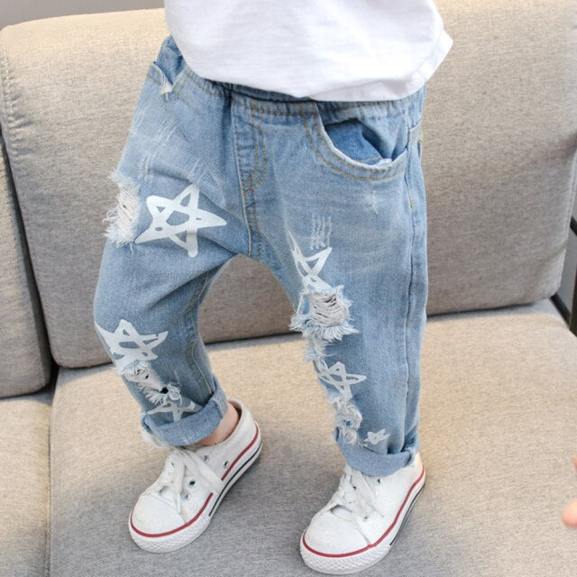nvxiot Baby Girls Jeans Star Print Jeans Pants For Girls Elastic Waist Kids Jeans With Hole Autumn Novelty Clothes For Infant Girls