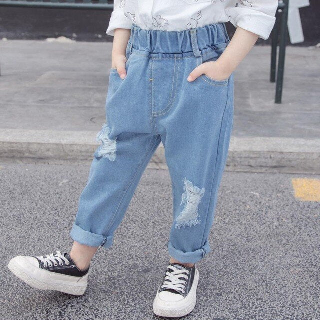nvxiot Baby Girls Jeans Star Print Jeans Pants For Girls Elastic Waist Kids Jeans With Hole Autumn Novelty Clothes For Infant Girls
