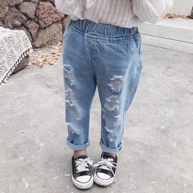nvxiot Baby Girls Jeans Star Print Jeans Pants For Girls Elastic Waist Kids Jeans With Hole Autumn Novelty Clothes For Infant Girls