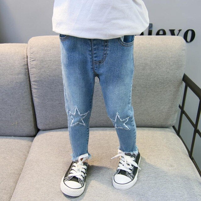 nvxiot Baby Girls Jeans Star Print Jeans Pants For Girls Elastic Waist Kids Jeans With Hole Autumn Novelty Clothes For Infant Girls