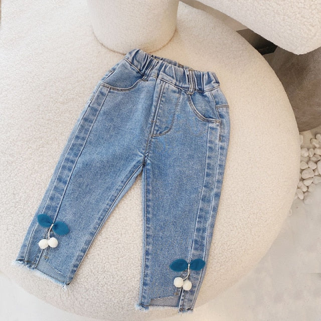 nvxiot Spring kids girl baby clothes fashion design pearl denim trousers for toddler child girl cloth baby birthday elastic pant jeans