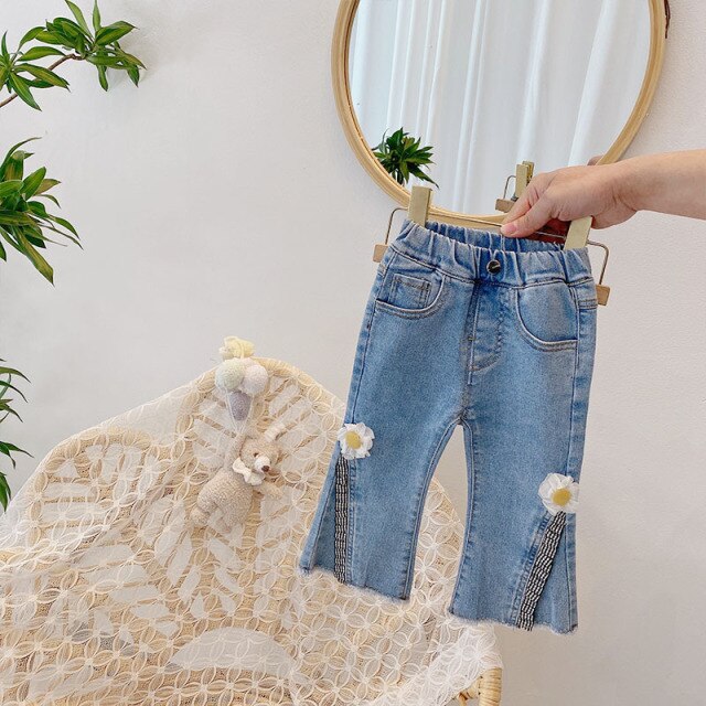 nvxiot Spring kids girl baby clothes fashion design pearl denim trousers for toddler child girl cloth baby birthday elastic pant jeans