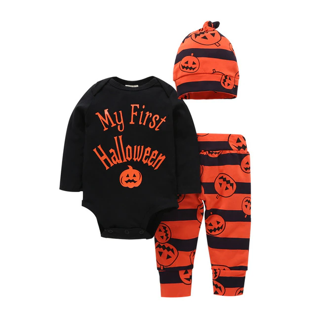 nvxiot New Halloween Baby Boy’s Clothes Sets Stripe Skull Pattern Long Sleeve Jumpsuit Long Pants Hat Toddler Baby 3Pcs Outfits 0-24M