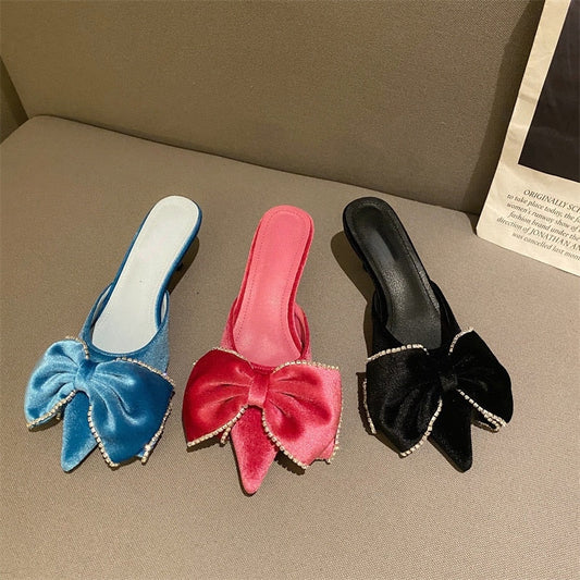 Women Sandals Stiletto Toe Box Rhinestone Bow Women 'S Pointed Toe High Heel Slippers Mules Shoes