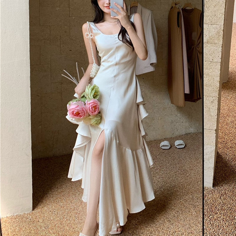 nvxiot Summer Women Long Satin Dress Sleeveless  Backless Silk Slit Ruffle Maxi Beach robe Party dresses evening dresses