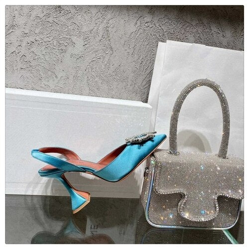 2022 New Silk Sunflower Crystal Diamond Buckle High Heels Horseshoe Heel Women's Sandals