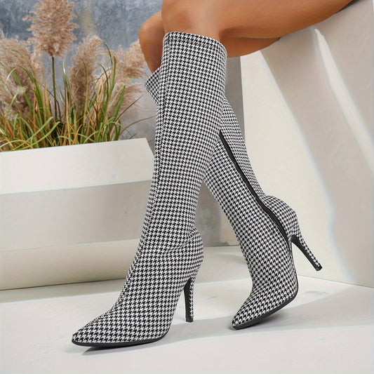 Chic Womens Houndstooth Stiletto Heel Boots - Trendy Pointed Toe, Side Zipper Closure, Fashion Dress Shoes for Glamorous Style