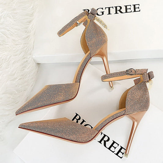 BIGTREE Shoes Sequin Cloth Women Sandals High Heels Bow Sandals 2022 New Summer Sandals Women Pointed Toe Ladies Heeled Sandals