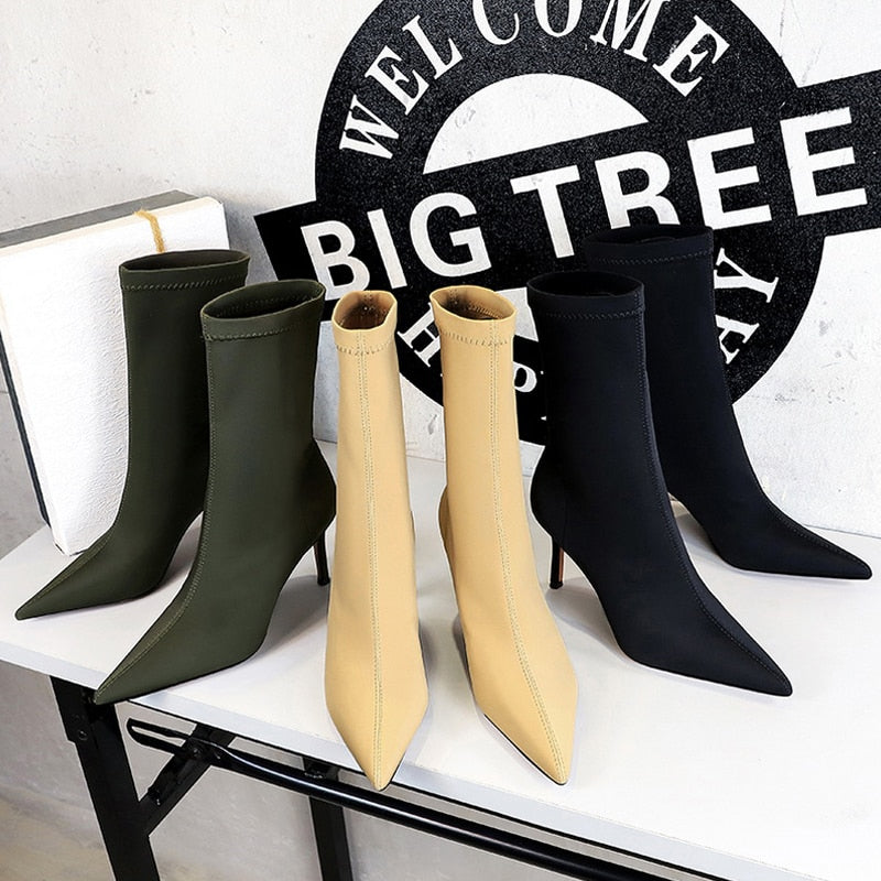 BIGTREE Shoes 2022 New Stretch Boots Autumn Shoes Pointed Toe High-heel Boots Stiletto Ankle Boots 3 Colour Female Short Boots